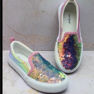 Cat & Jack Iridescent Sequin Slip-On Sneakers Kids Size 5 Rainbow Holographic